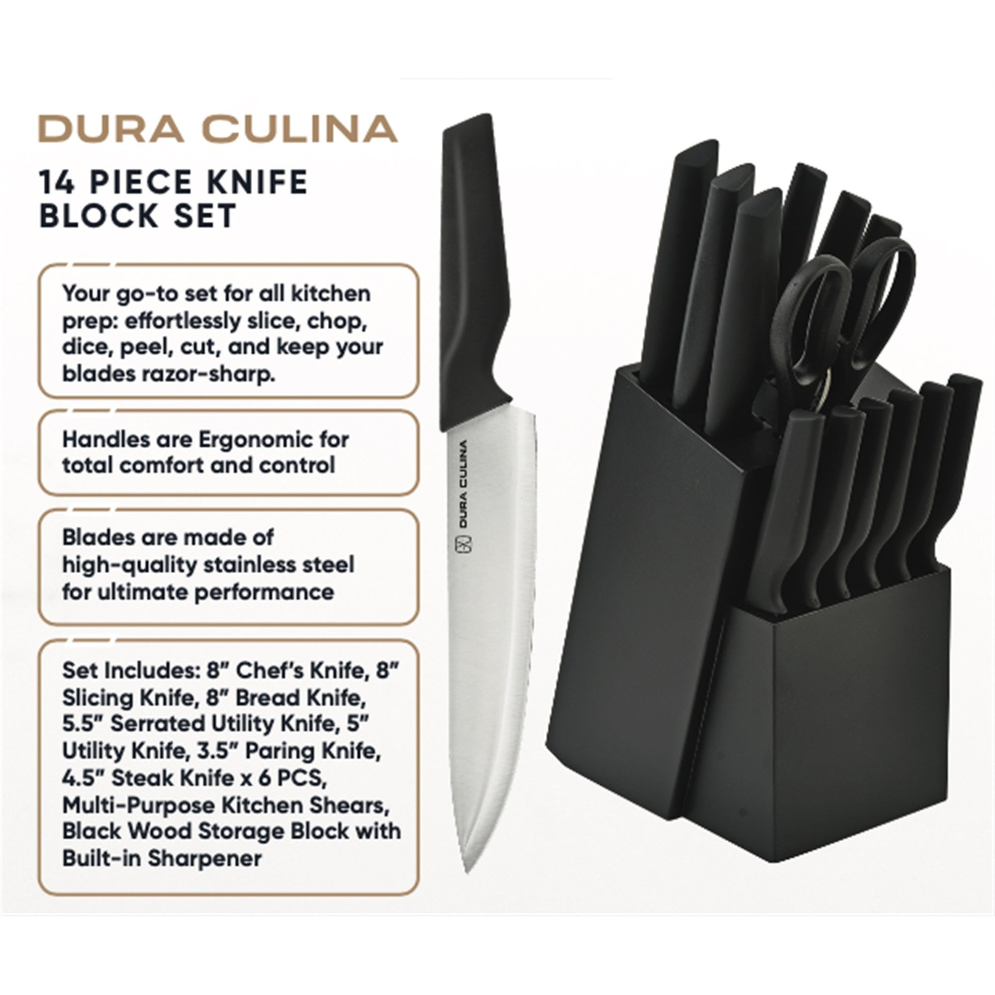 14-Piece Knife Block Set - High Carbon Stainless Steel with Ergonomic Handles, Built-In Sharpener, Black Wood Storage Block