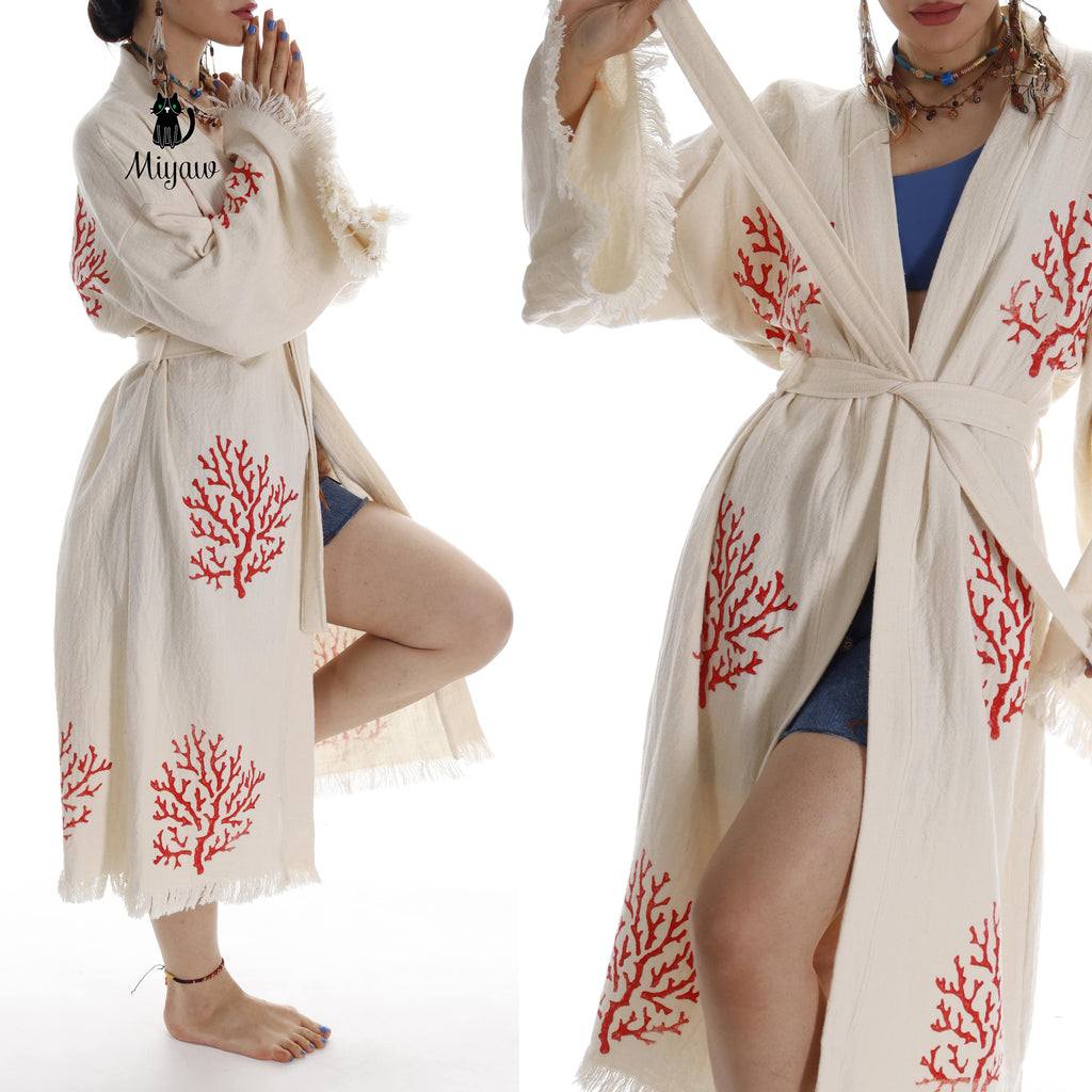 Organic Cotton Red Sea Coral Beach Kimono: Eco-Friendly Handmade Robe