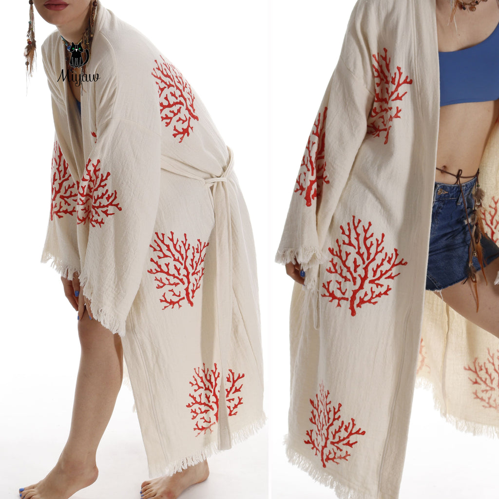 Organic Cotton Red Sea Coral Beach Kimono: Eco-Friendly Handmade Robe