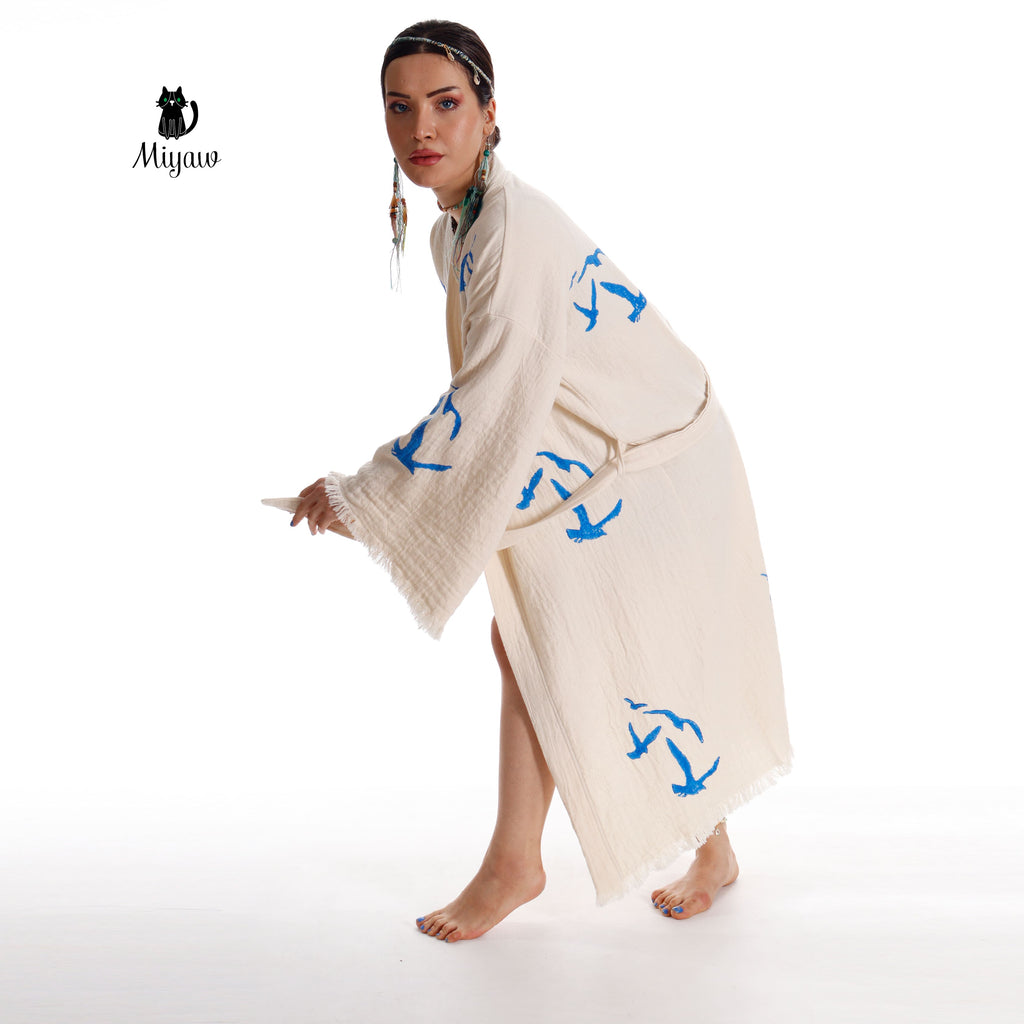 Handcrafted Seagull Print Kimono Robe in Organic Cotton - Bohemian Beach Cover Up