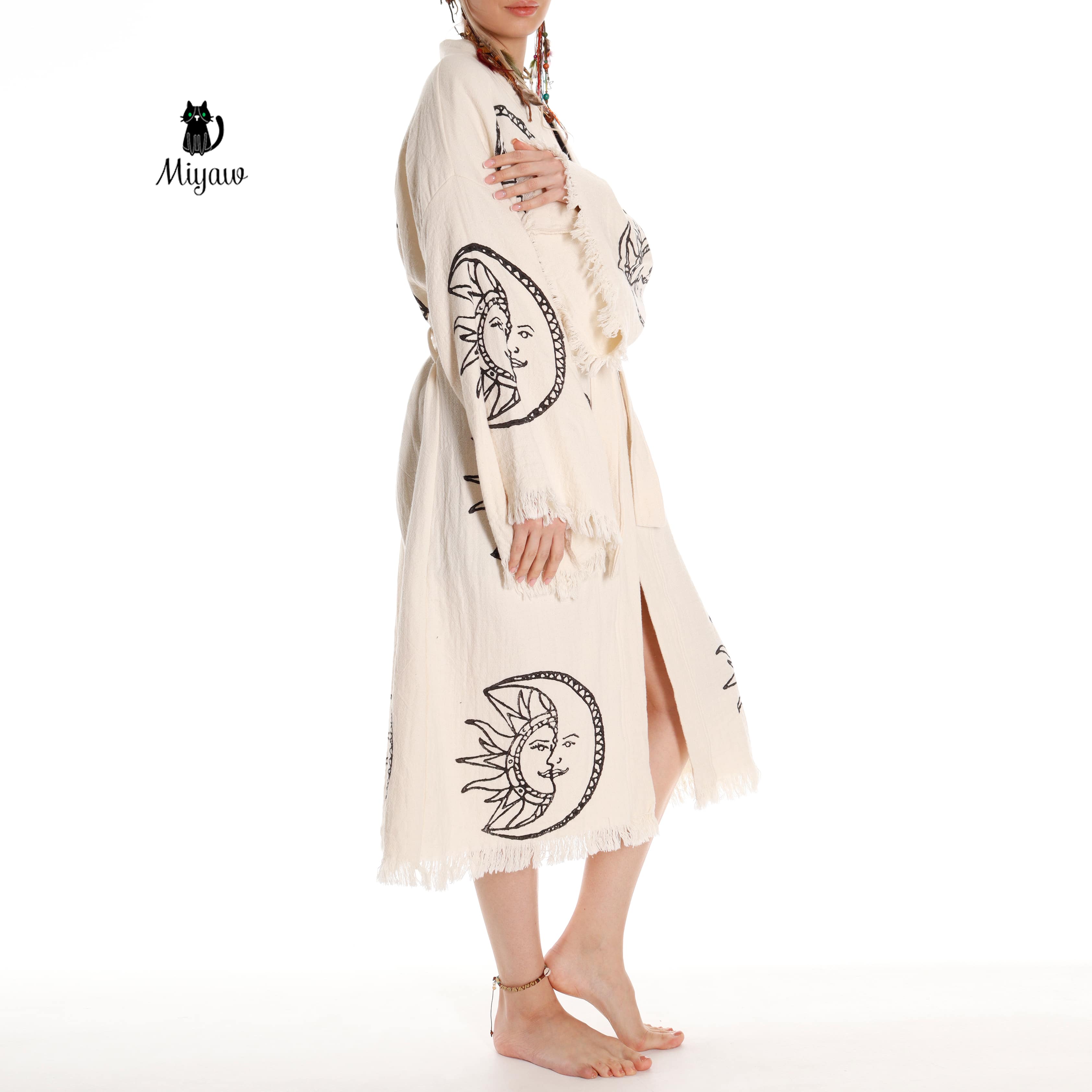 Boho Moon and Sun Print Organic Cotton Kimono Robe for Beach Days