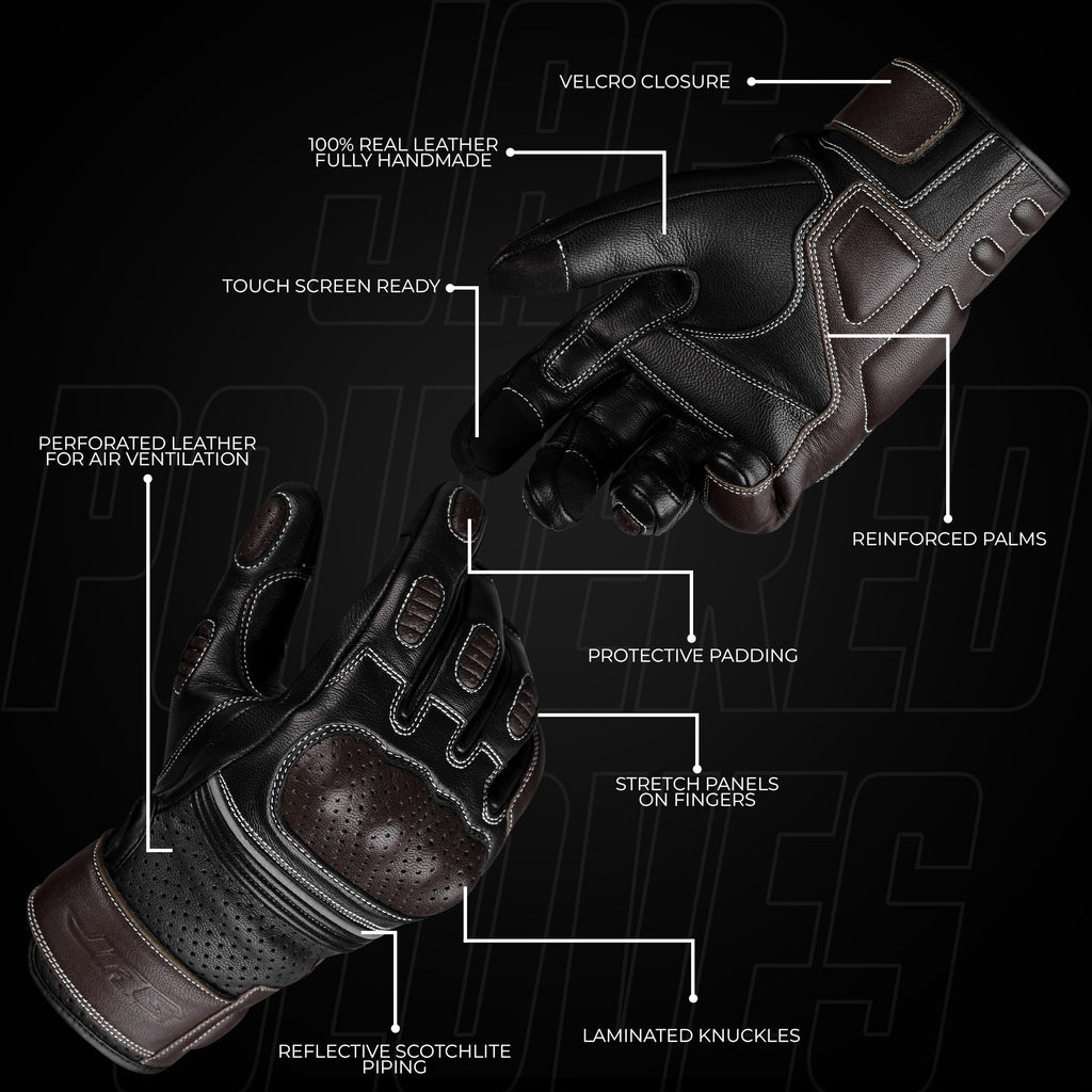 Ninja Leather Motorcycle Gloves with Black/Brown Knuckle Protection
