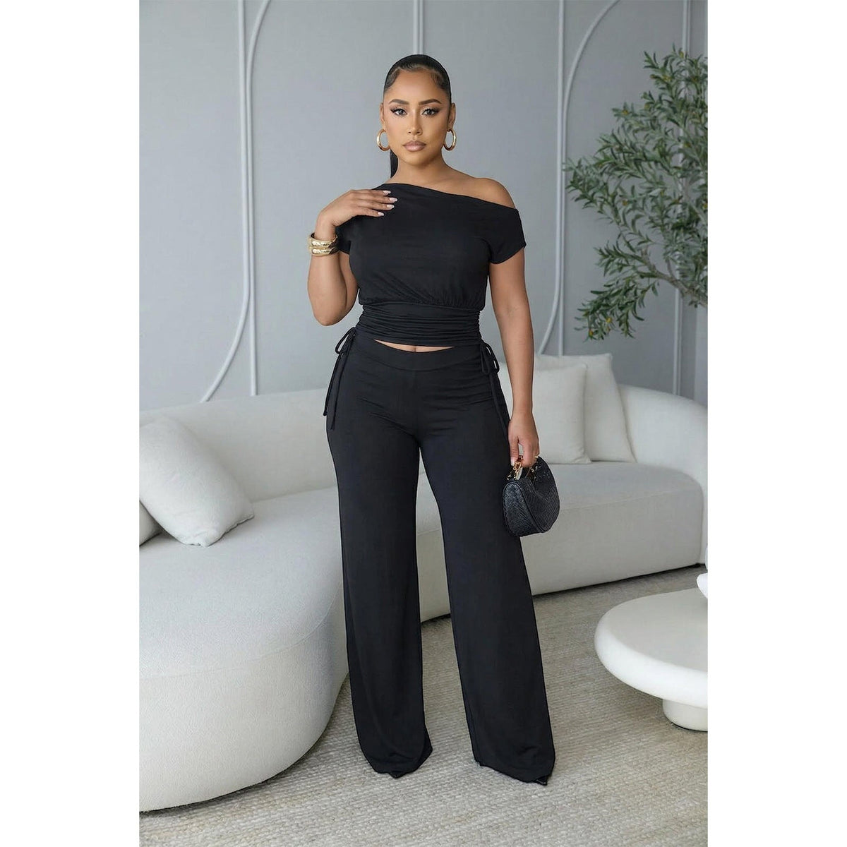 Asymmetric Pleated Jumpsuit Two Piece Set