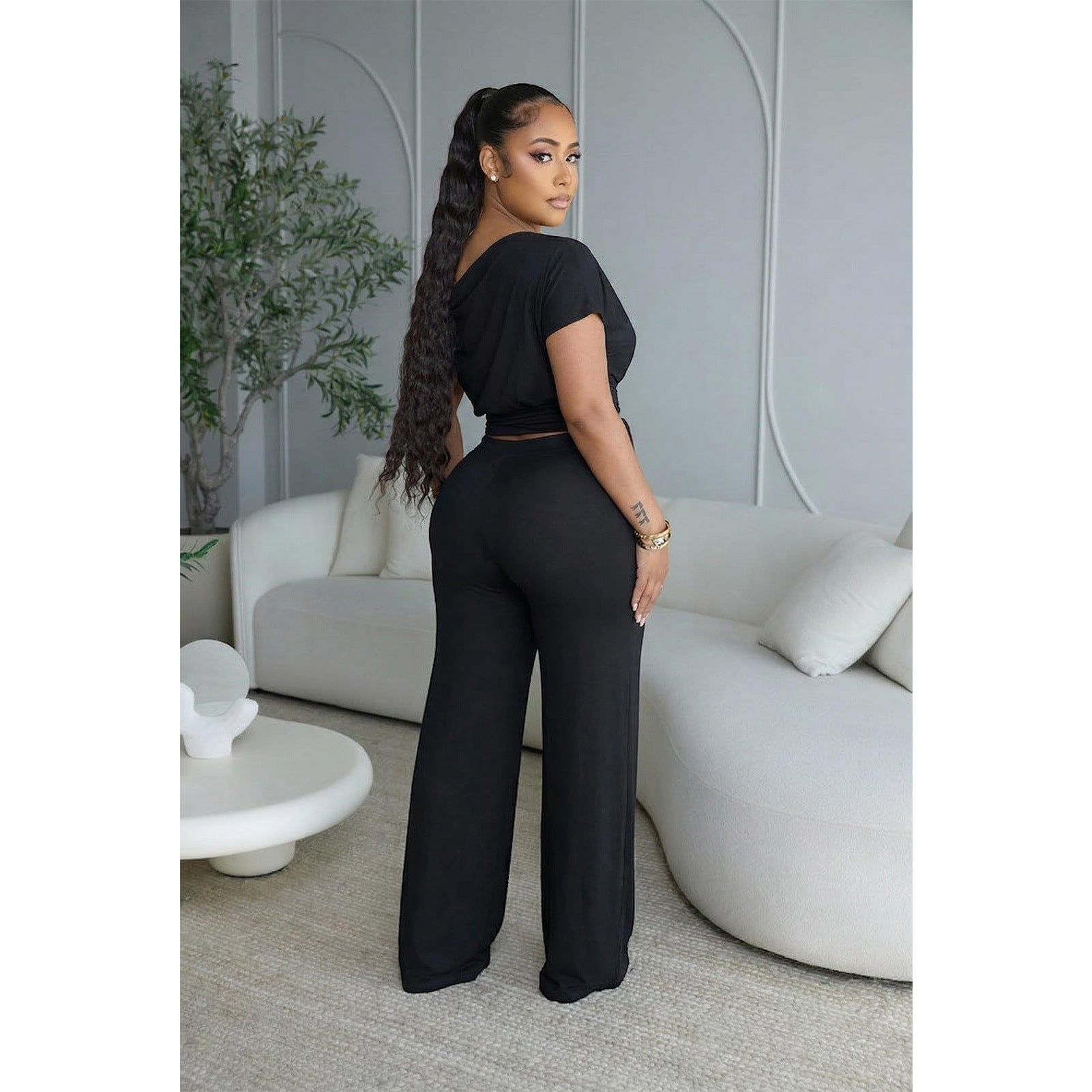 Asymmetric Pleated Jumpsuit Two Piece Set