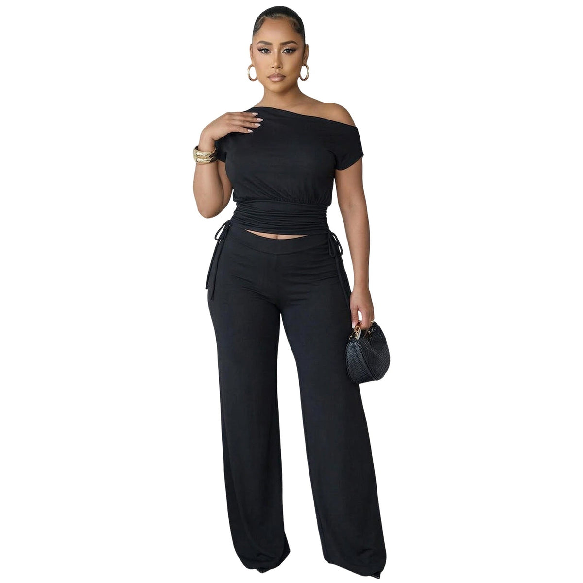 Asymmetric Pleated Jumpsuit Two Piece Set