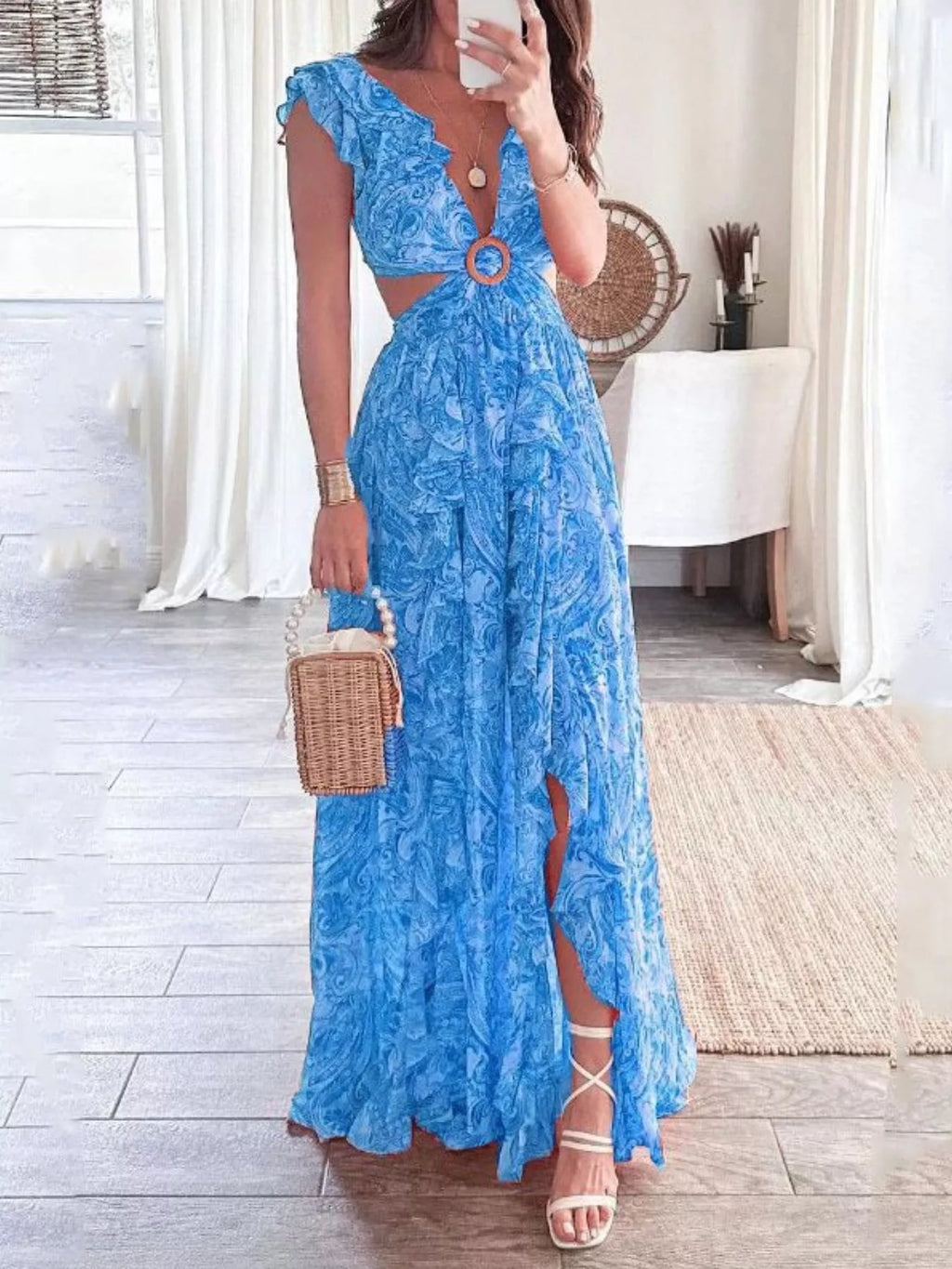 Full Size Ruffled Cutout V Neck Maxi Dress